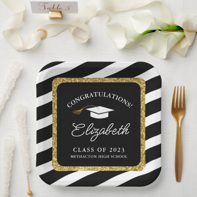 Graduation Gold Glitter Script Graduation Party  Paper Plate (Wedding)