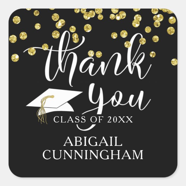 Graduation Gold Glitter Script THANK YOU Square Sticker (Front)