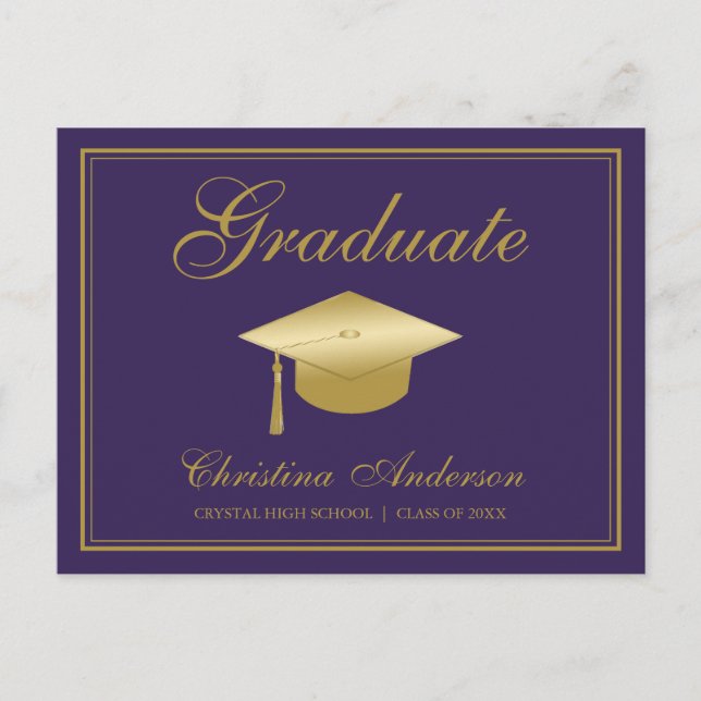 Graduation Gold Grad Cap & Script on Purple Party Invitation Postcard (Front)