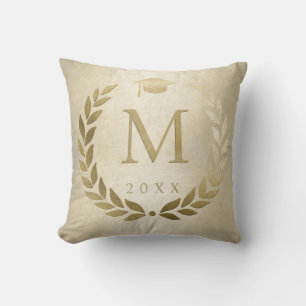 Graduation Gold Laurel Wreath Monogrammed Initial Cushion