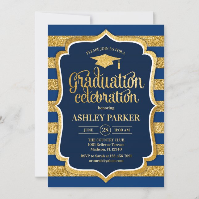 Graduation - Gold Navy Blue Stripes Invitation (Front)