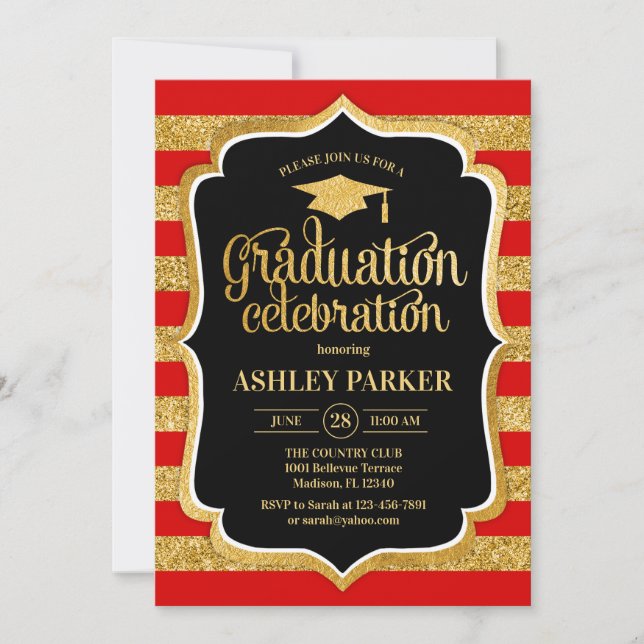 Graduation - Gold Red Black Stripes Invitation (Front)