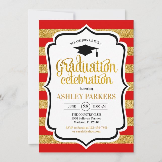 Graduation - Gold Red Stripes Invitation (Front)