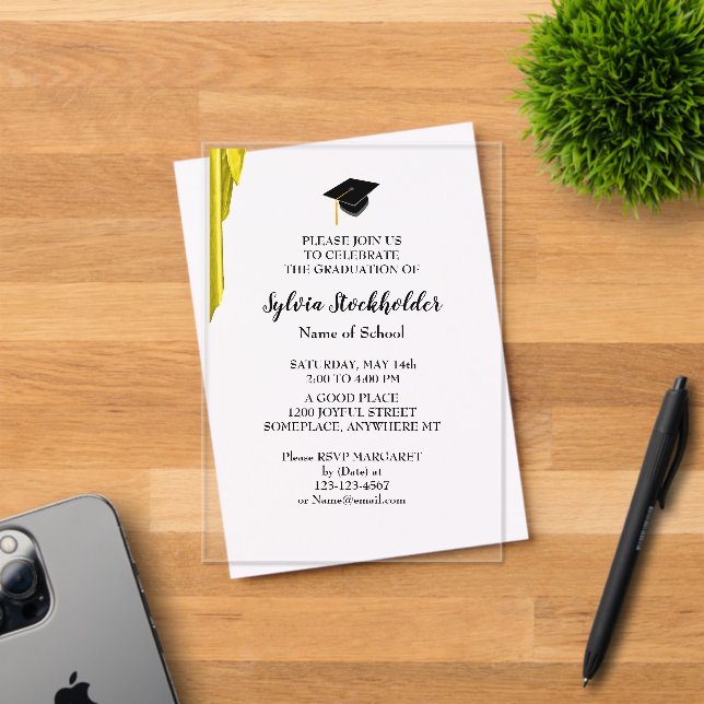 Graduation Gold Satin and Grad cap Acrylic Invitations (Insitu (Invitation Card))