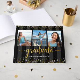 Graduation gold script black stripe photo collage guest book