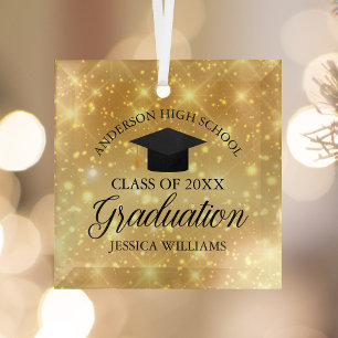 Graduation Gold Sparkle Custom School Christmas Glass Tree Decoration