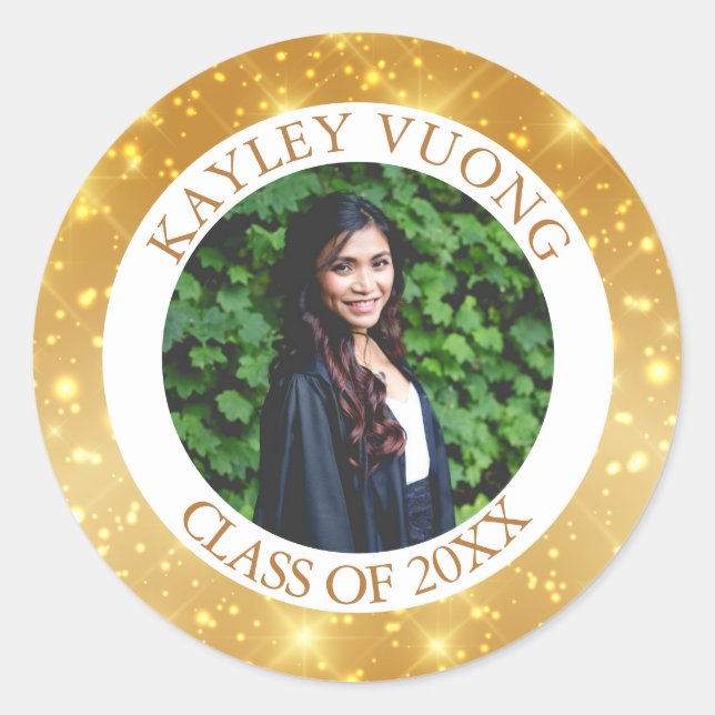 Graduation Gold Sparkle Custom Senior Photo Party Classic Round Sticker (Front)