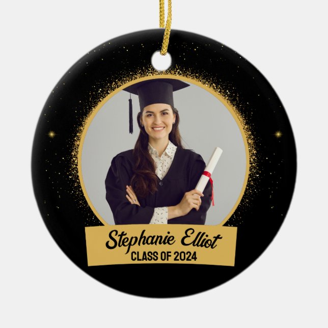 Graduation Gold Stardust Class Of School Photo Ceramic Tree Decoration (Front)