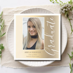 Graduation Gold Stylish Script Modern Photo Party Napkin