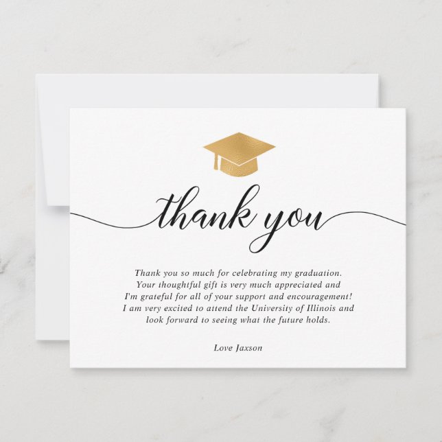 Graduation gold white black thank you card (Front)