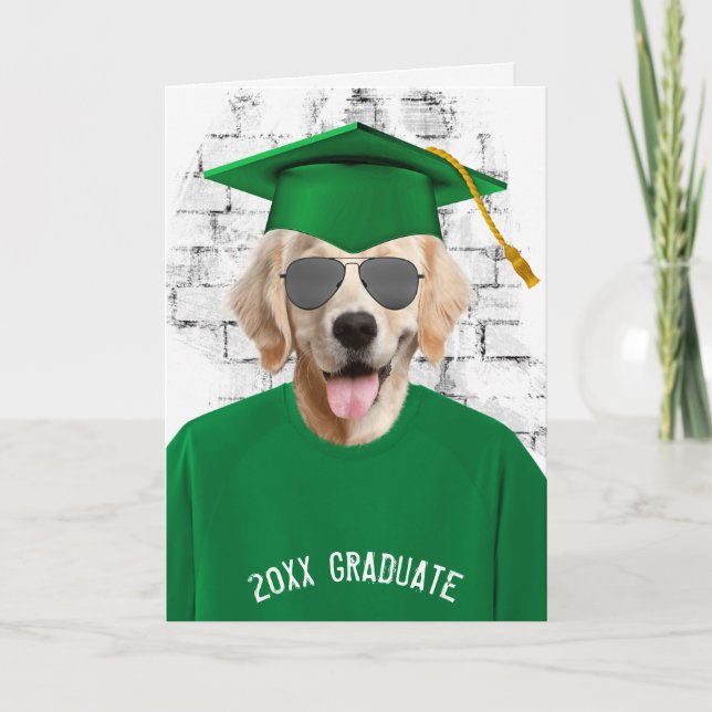 graduation golden retriever green t-shirt card (Front)