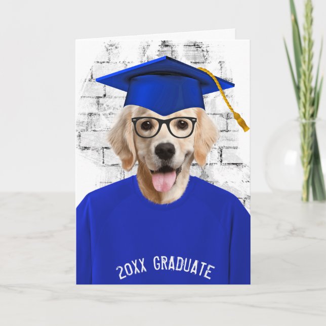 graduation golden retriever in blue t-shirt card (Front)