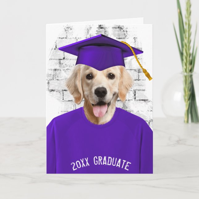 graduation golden retriever in purple t-shirt card (Front)