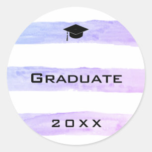Graduation Grad Cap Purple Watercolor Striped 2019 Classic Round Sticker