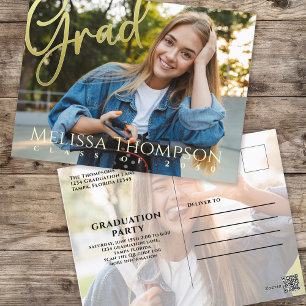 Graduation Grad Gold Calligraphy Simple Two Photo Postcard