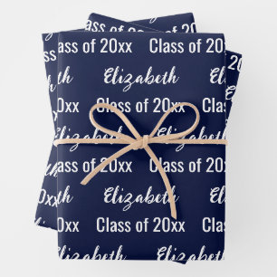 Graduation Grad Graduate Name Dark Blue and White Wrapping Paper Sheet