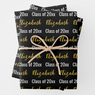 Graduation Grad Graduate's Name Black White Gold Wrapping Paper Sheet