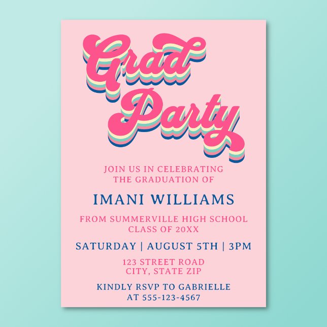 Graduation Grad Party Groovy Retro Typography Invitation (Retro groovy grad party invitation on a turquoise background.)