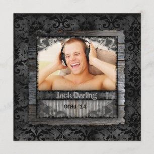 Graduation Grad Wood Damask Vintage Photo Invitation