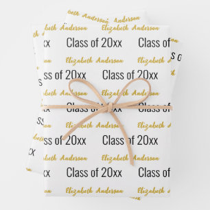 Graduation Grads Full Name Script White Black Gold Wrapping Paper Sheet