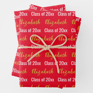 Graduation Grad's Name Red Black White Gold Wrapping Paper Sheet
