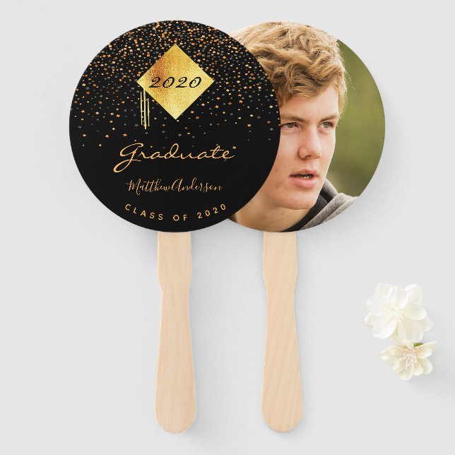 Graduation graduate black gold confetti photo 2023 hand fan (Front and Back)