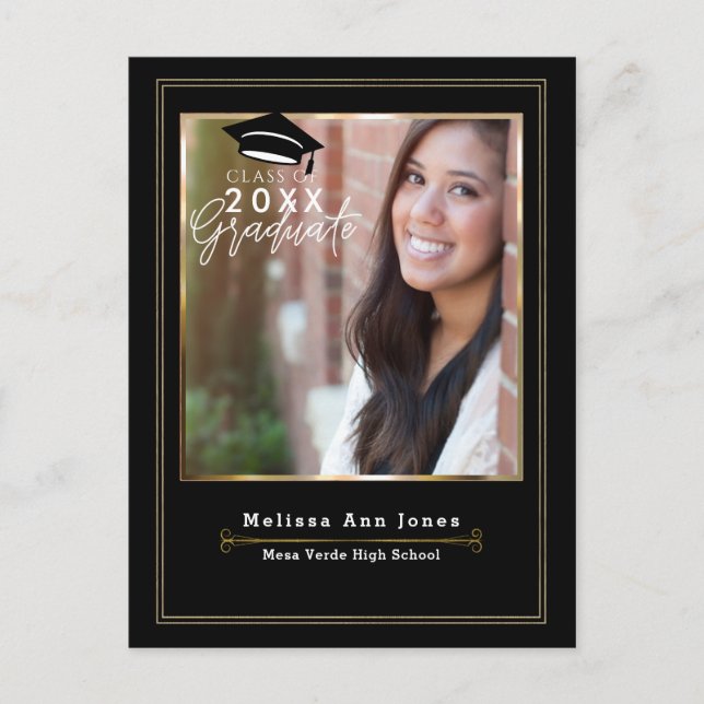 Graduation Graduate Black & Gold Modern Photo Invitation Postcard (Front)