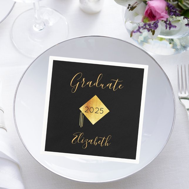 Graduation graduate party black gold cap 2025 napkin (Creator Uploaded)