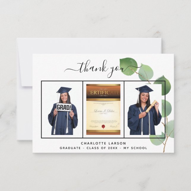 Graduation graduate photo eucalyptus greenery thank you card (Front)
