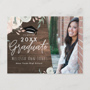 Graduation Graduate Rustic Wood Floral Chic Photo Invitation Postcard
