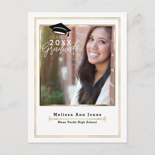 Graduation Graduate White & Gold Modern Photo Announcement Postcard (Front)