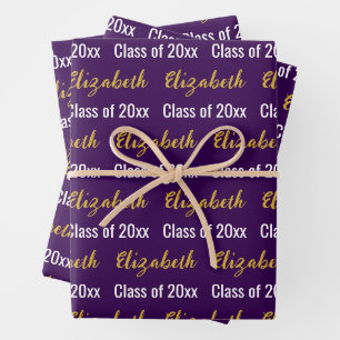 Graduation Graduate's Name Dk Purple White Gold Wrapping Paper Sheet