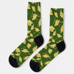 Graduation Green and Gold Caps in the Air Socks