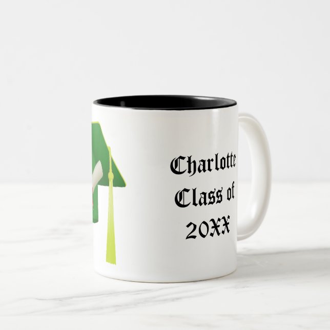 Graduation Green Cap Class of 20XX Add Name Two-Tone Coffee Mug (Front Right)
