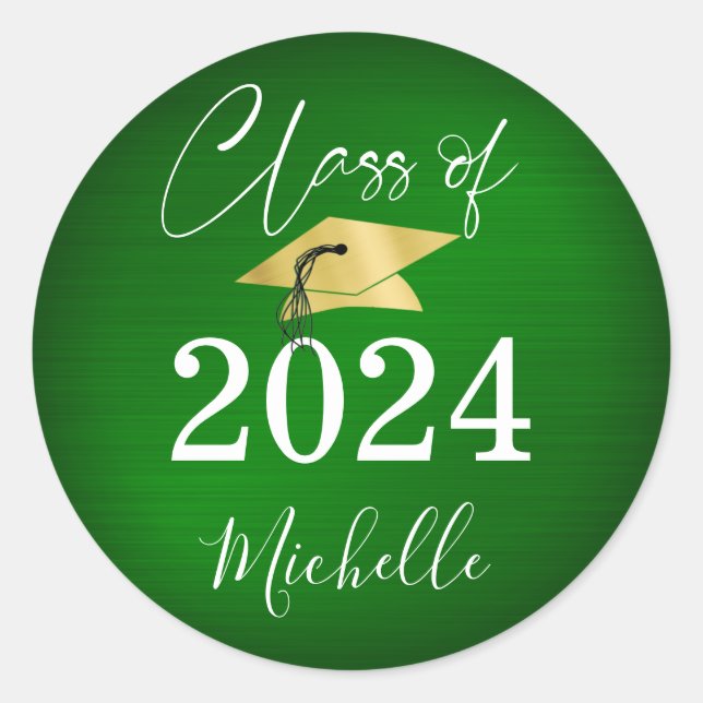 Graduation Green Gold Cap Script Faux Metallic Classic Round Sticker (Front)