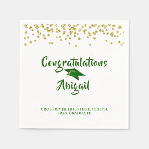 Graduation Green Gold Confetti Brush Script Napkin