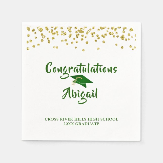 Graduation Green Gold Confetti Brush Script Napkin (Front)