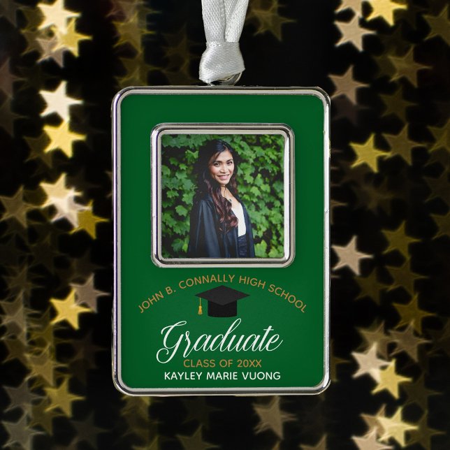 Graduation Green Gold Custom 2025 Graduate Photo Silver Plated Framed Ornament (Creator Uploaded)