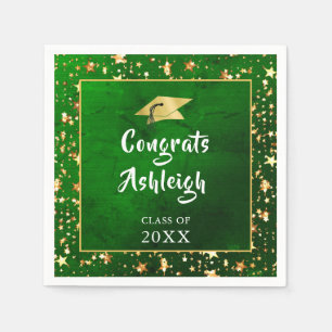 Graduation Green Gold Stars Brush Script Napkin