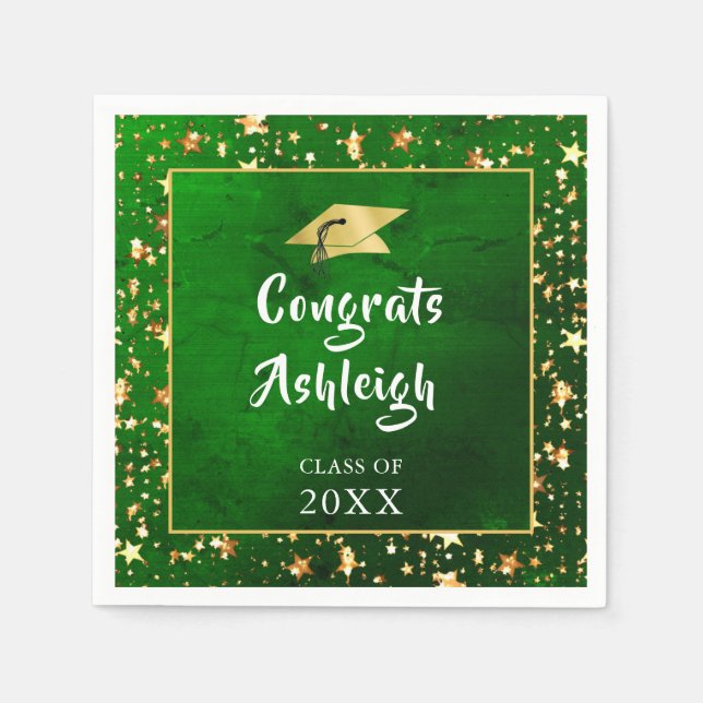 Graduation Green Gold Stars Brush Script  Napkin (Front)