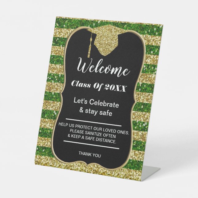 Graduation Green Gold Stripes Party safety Pedestal Sign (Front)
