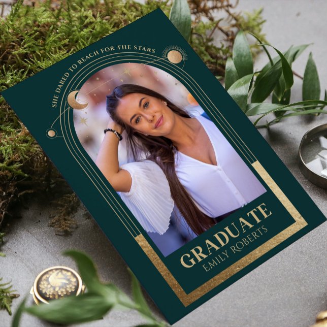 Graduation Green Gold Sun Moon Stars Grad Photo Invitation (Creator Uploaded)