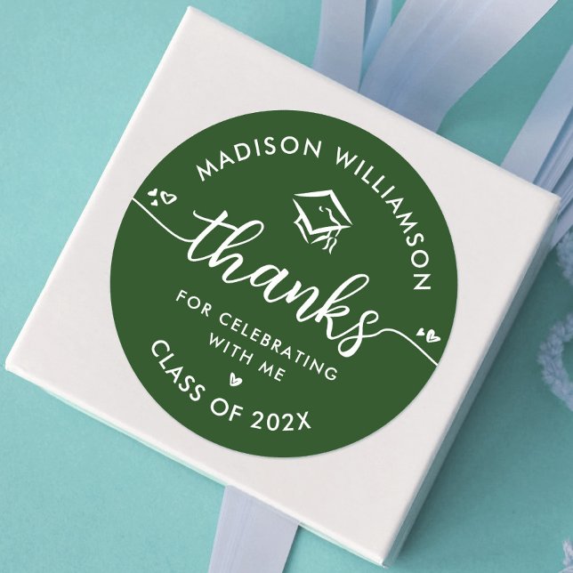 Graduation Green Modern Thank You Script Heart Cap Classic Round Sticker (Creator Uploaded)