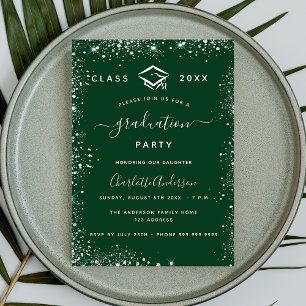 Graduation green silver glitter glamourous invitation postcard