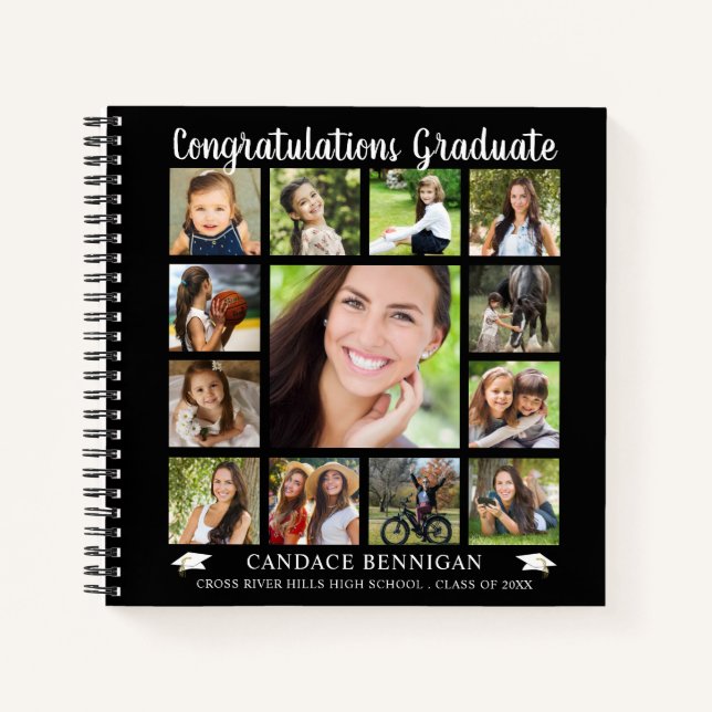 Graduation Guest Book 13 Photo Collage Black (Front)