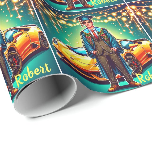  Graduation Guy With Fast Car Custom Wrapping Paper (Roll Corner)