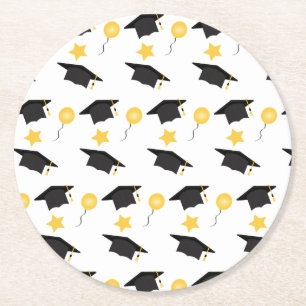 Graduation Hat Balloons Pattern Yellow Black Round Paper Coaster