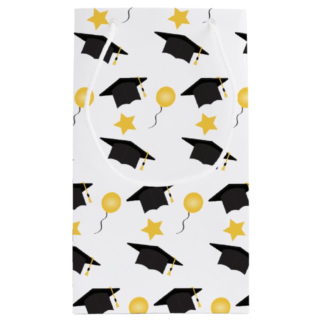Graduation Hat Balloons Stars Pattern Yellow Black Small Gift Bag (Back)