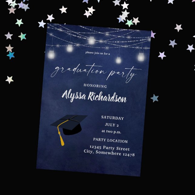 Graduation Hat Chalkboard Graduation Party Blue Invitation (Creator Uploaded)