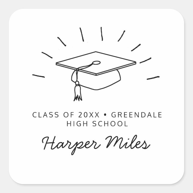Graduation hat doodle with rays square sticker (Front)